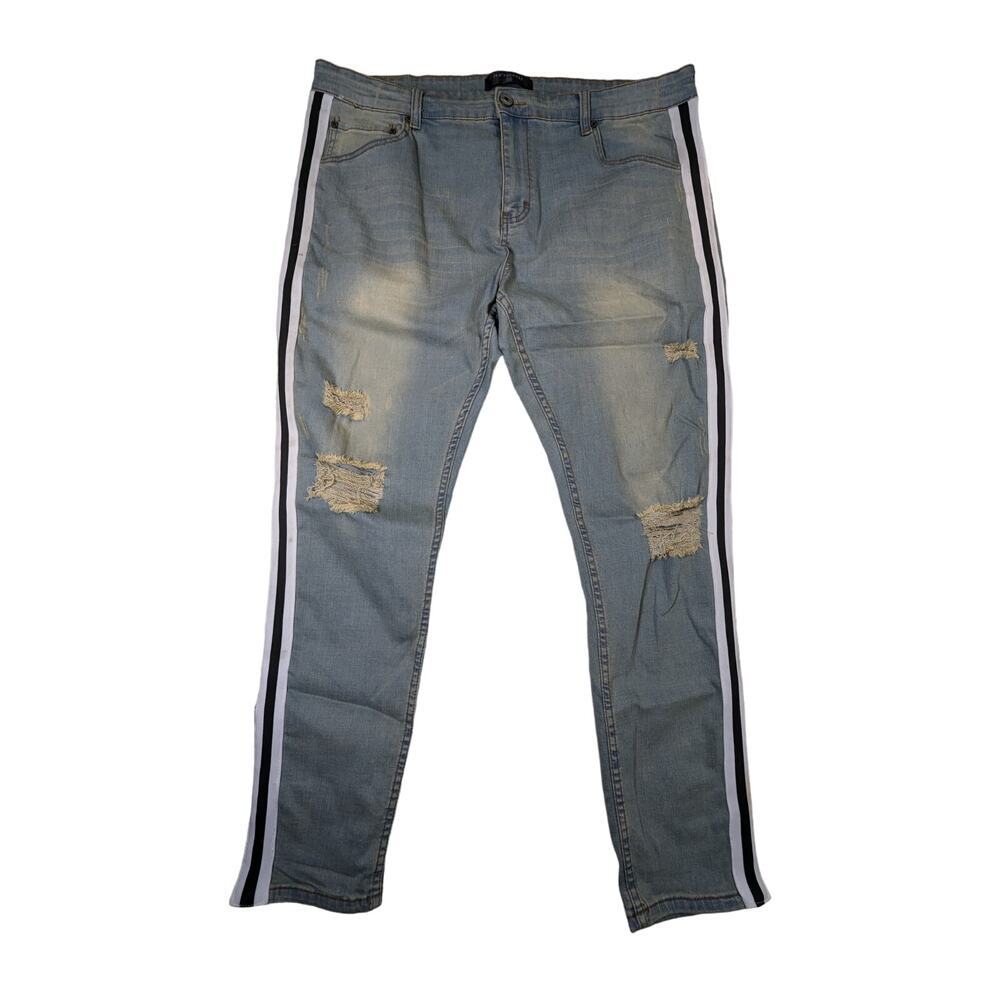 SERENEDE Slim Straight Racing Side Stripe Distress Light‎ Wash Jeans Size 42